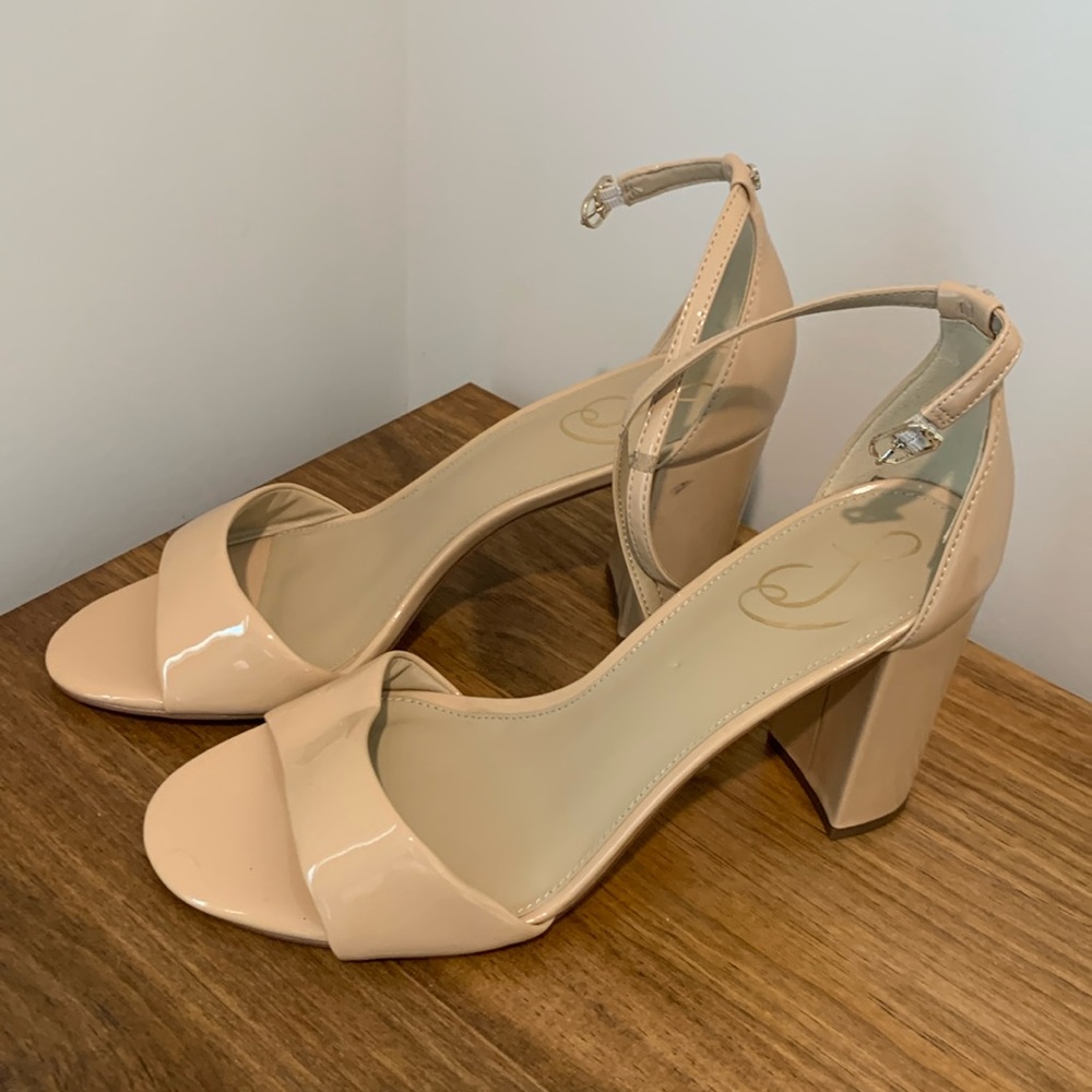 Sam Edelman Robyn Patent Leather Beige Block Heel Sandal, 10W